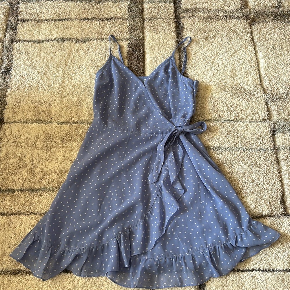 Hollister Baby Blue Polka-Dot Ruffle Wrap Dress, size S